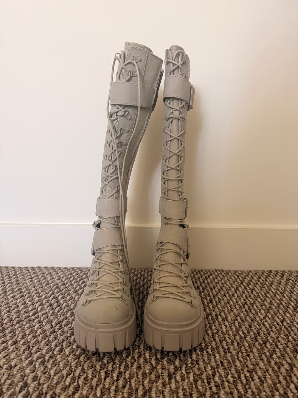 Dolls Kill Beige Lace-Up Knee-High Platform Boots - Picture 2 of 7